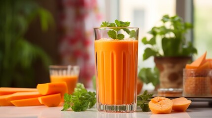 Refreshing carrot juice on green bokeh background with copy space for healthy recipes