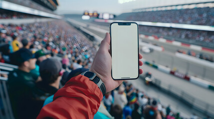 Man fan hands holding isolated smartphone device in car race racing speed with blank empty white screen, sports betting concept