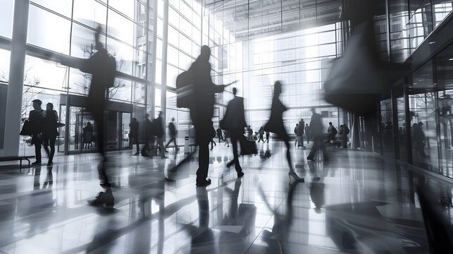 A black and white blur captures the frantic pace of office life as workers rush through their day.