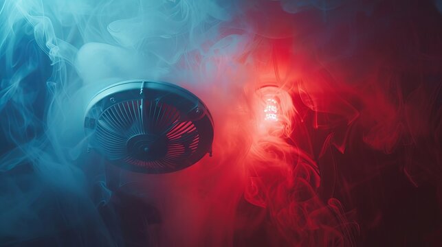 Smoke detector and fire alarm in action background with copy space