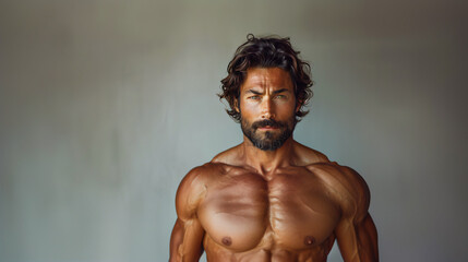 Fototapeta na wymiar 30s hispanic confident man shirtless torso, muscular and strong, isolated grey background, Horizontal view