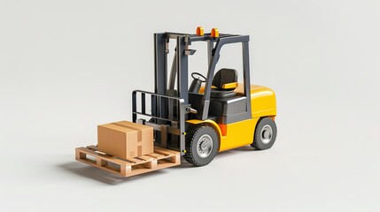 Fototapeta na wymiar A pallet containing cardboard boxes is being raised by the forklift truck against a white backdrop. 3D illustration