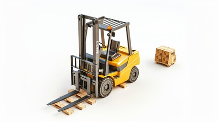A pallet containing cardboard boxes is being raised by the forklift truck against a white backdrop. 3D illustration