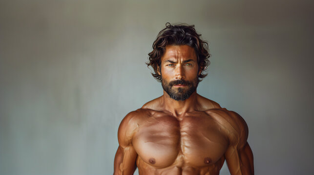 30s hispanic confident man shirtless torso, muscular and strong, isolated grey background, Horizontal view