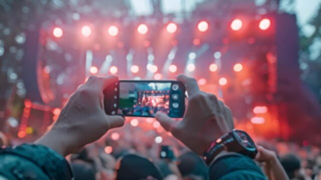 Hand with a smartphone records live music festival and taking photo of concert stage live concert luxury party festival. Blurred effect. 4k video colorful light beams neon