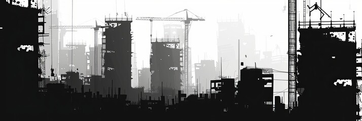Large-scale banner illustration featuring the silhouette of a building currently under construction. black and white