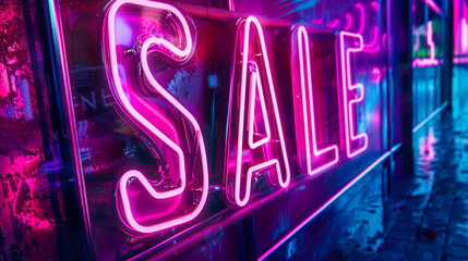 purple neon sale sign on shop window at night - obrazy, fototapety, plakaty