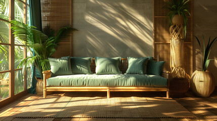 A tropical-style living room with a rattan sofa, a green cushion, a palm tree, and a bamboo curtain.
