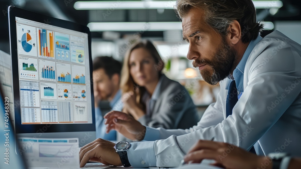 Aufkleber Team of finance professionals is working on film production budgets. deeply focused on a computer screen displaying complex financial spreadsheets. Generative AI.
