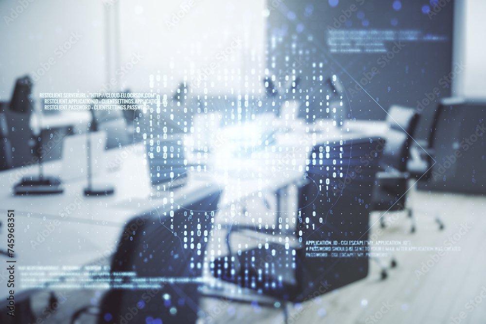 Aufkleber double exposure of abstract virtual creative code skull hologram on modern corporate office backgrou