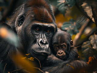 An intimate moment between a gorilla mother and her young in the dappled forest light.