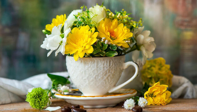 Beautiful Decorative Image of Flowers and coffee cup