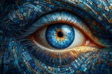 A human blue eye made in the style of a mosaic