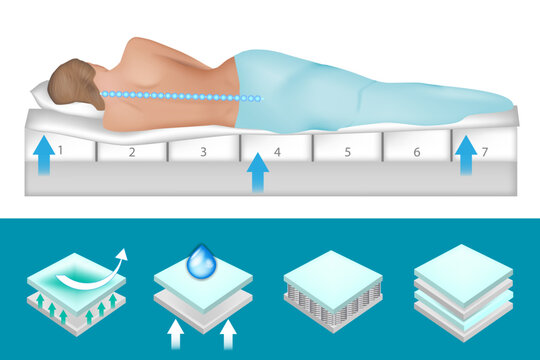 Woman sleeping on mattress. Layered structure Orthopedic mattress and pillow. Spine support on mattress.