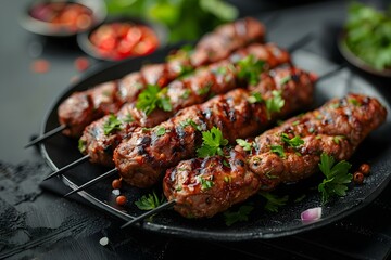 Top view of Ali Nazik Kebab on a black background - Traditional Turkish Cuisine. Concept Turkish Cuisine, Ali Nazik Kebab, Top View, Black Background, Traditional Dish - obrazy, fototapety, plakaty