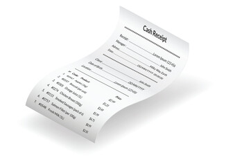 Naklejka premium Payment check and receipts with shadow. Curved financial paper, purchase invoice. Buying, bill or calculate pay. Receipt the seller forms