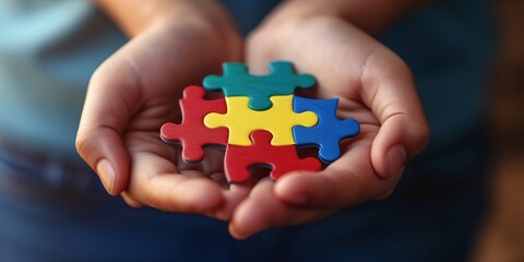 Childs hands holding connected puzzle pieces. Autism awareness day