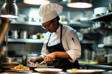 Black girl cook in a white cap and glasses cooks with concentration in the kitchen of a restaurant.