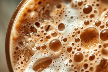Foamy iced coffee in glass. Top view.