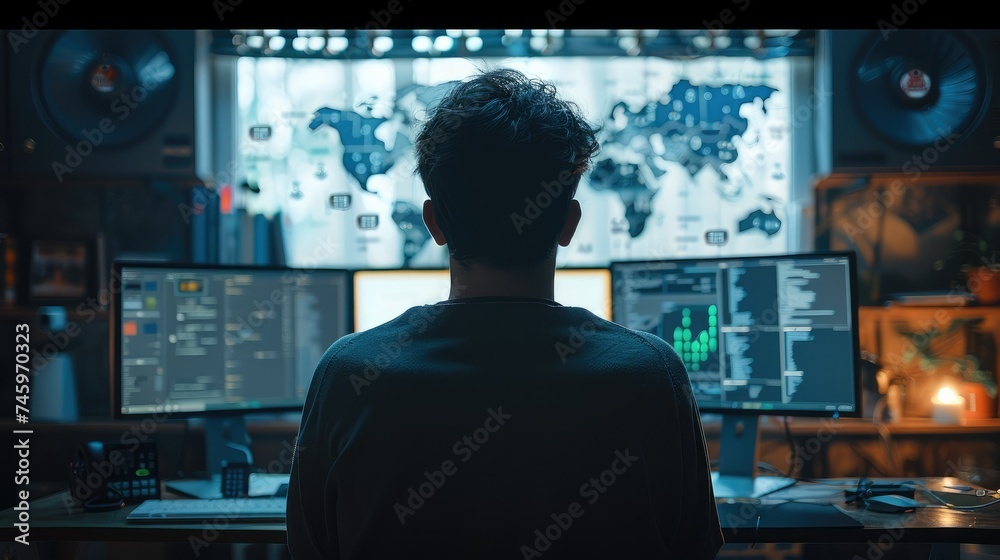 Fototapete Back view of A person is operating a computer with a sense of technology. Generative AI.