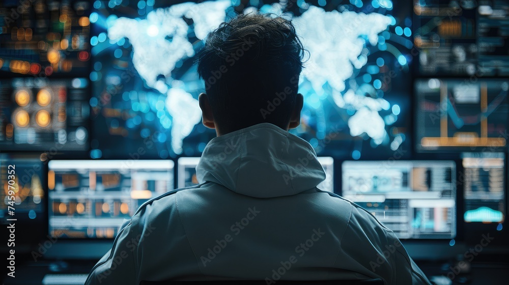 Leinwandbilder Back view of A person is operating a computer with a sense of technology. Generative AI.