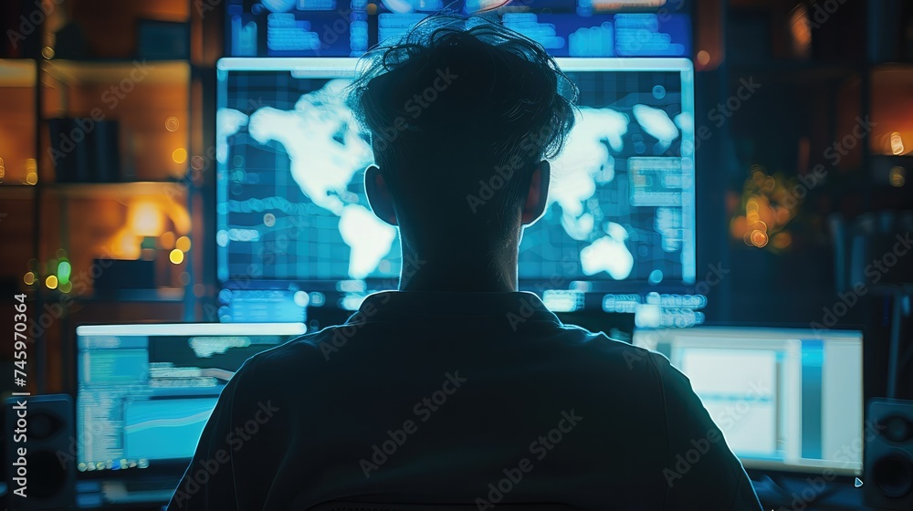 Poster Back view of A person is operating a computer with a sense of technology. Generative AI.