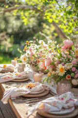 Obraz na płótnie Canvas An elegantly set table with fresh flowers in a sunny garden, perfect for a springtime brunch.
