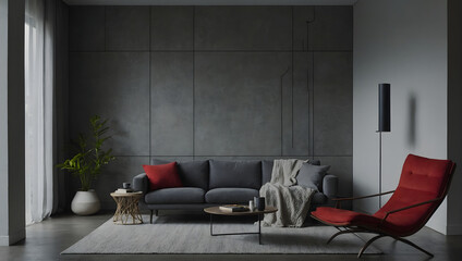 Living space featuring a red lounge chair on a neutral gray wall backdrop. 