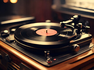 A vintage record player spinning a vinyl record, soft light illuminating the room - obrazy, fototapety, plakaty