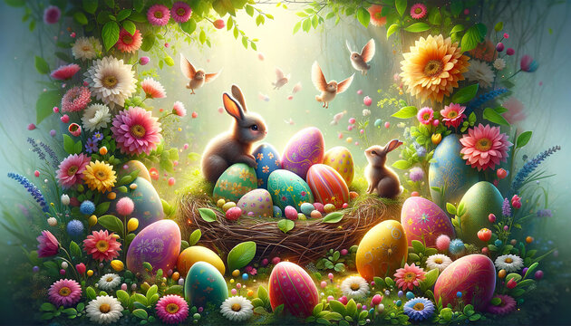 Enchanted forest glade with rabbits,a nest of decorated Easter eggs,vibrant flowers,and flying chicks in a magical springtime setting with soft lighting with copy space.Happy Easter card.AI  generated