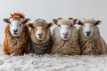Fototapeta premium Cute Sheep and lambs graze peacefully in a green meadow on a farm during spring