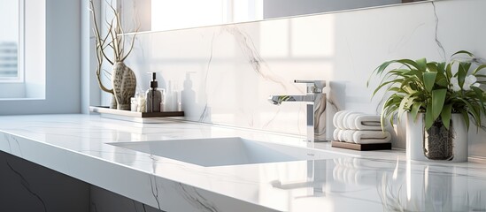 A modern white marble bathroom counter featuring a sleek sink and a reflective mirror above it. The clean lines and minimalist design create a contemporary feel in the space.