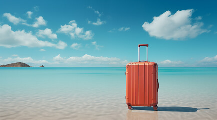 Bagages traveling ads, luggage in nature, flight booking promotion, last minute adventure - plane travel guide advertising asset illustration