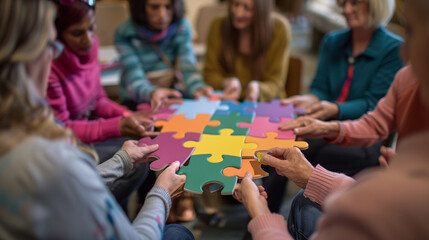 A circle of people in a support group each holding a piece of a large puzzle, representing everyone's contribution to the healing journey, mental health support group