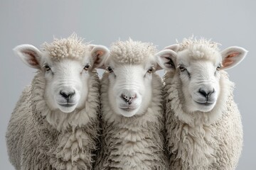 Fototapeta premium Cute Sheep and lambs graze peacefully in a green meadow on a farm during spring