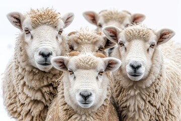 Obraz premium Cute Sheep and lambs graze peacefully in a green meadow on a farm during spring