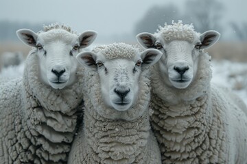 Fototapeta premium Cute Sheep and lambs graze peacefully in a green meadow on a farm during spring