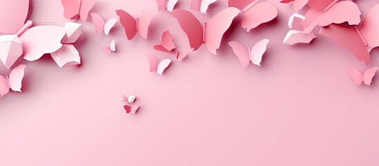 Several pink paper butterflies are artfully arranged on a soft pink background. The delicate wings of the butterflies are detailed and stand out against the monochromatic backdrop.