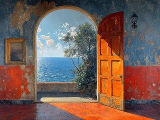 A rustic red wooden door opens to a stunning view of the sea, framed by an archway and accompanied by a vintage lantern