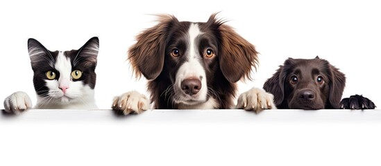 Three pets, a Border Collie and Dachshund dogs, along with a cat, are hanging their paws over a white surface. The animals appear curious and engaged, observing something unseen.
