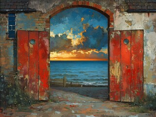 This evocative painting shows weathered red doors opening onto a tranquil beach scene at sunset, with golden light casting a warm glow