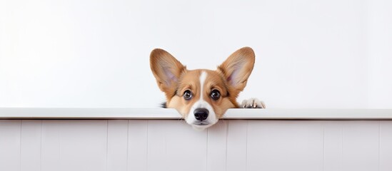 A brown and white corgi dog sticking its head out of a window, looking curious and alert. The dog is standing on a white table inside a kitchen, exploring the surroundings.