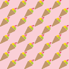 Seamless pattern with ice cream cones on pink background. Vector illustration.