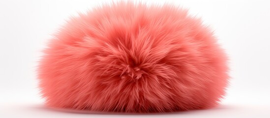 A soft pink fur ball is placed on a plain white surface, showcasing its fluffy texture and vibrant color. The contrast between the pink fur and white background creates a visually striking image.