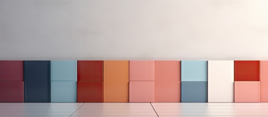 A row of vibrant, colorful boxes are neatly arranged on a clean white floor, creating a striking contrast. The boxes are standing upright in a horizontal line, showcasing their various shades.