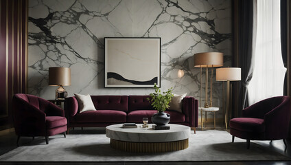 Lounge area featuring a deep burgundy sofa against a chic marble wall.