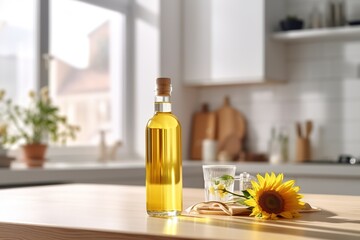 Bottle of oil with sunflower on wooden kitchen table - obrazy, fototapety, plakaty