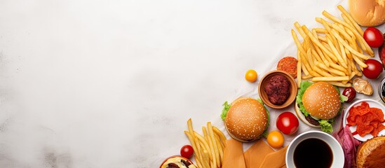 A top-down view of a white marble table covered with a wide selection of fast food items including pizza, hamburgers, French fries, chips, hot dogs, and sweets.