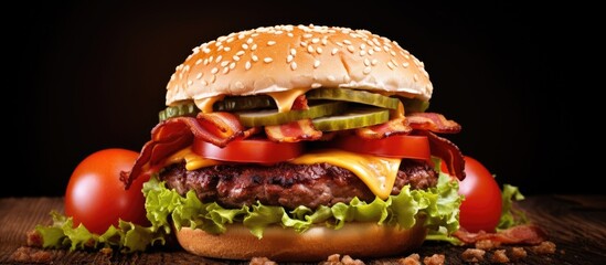 A close-up view of a mouthwatering hamburger featuring crispy bacon, fresh lettuce, ripe tomato...