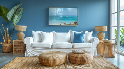 Coastal-inspired living room with a nautical color palette, rattan furniture, and driftwood accents.